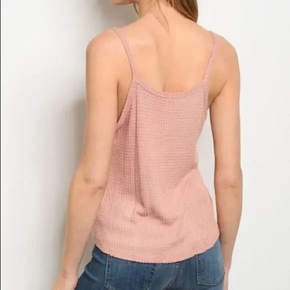 Waffle Knit Top Button Detail Pink Tank - Picture 2 of 5
